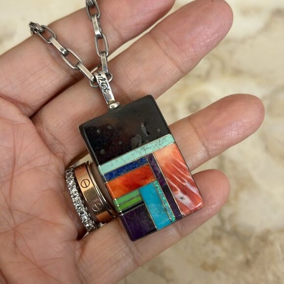 FJ Henry Signed Navajo Reversible Sterling Silver Turquoise Multi-Stone Necklace - Picture 7 of 14